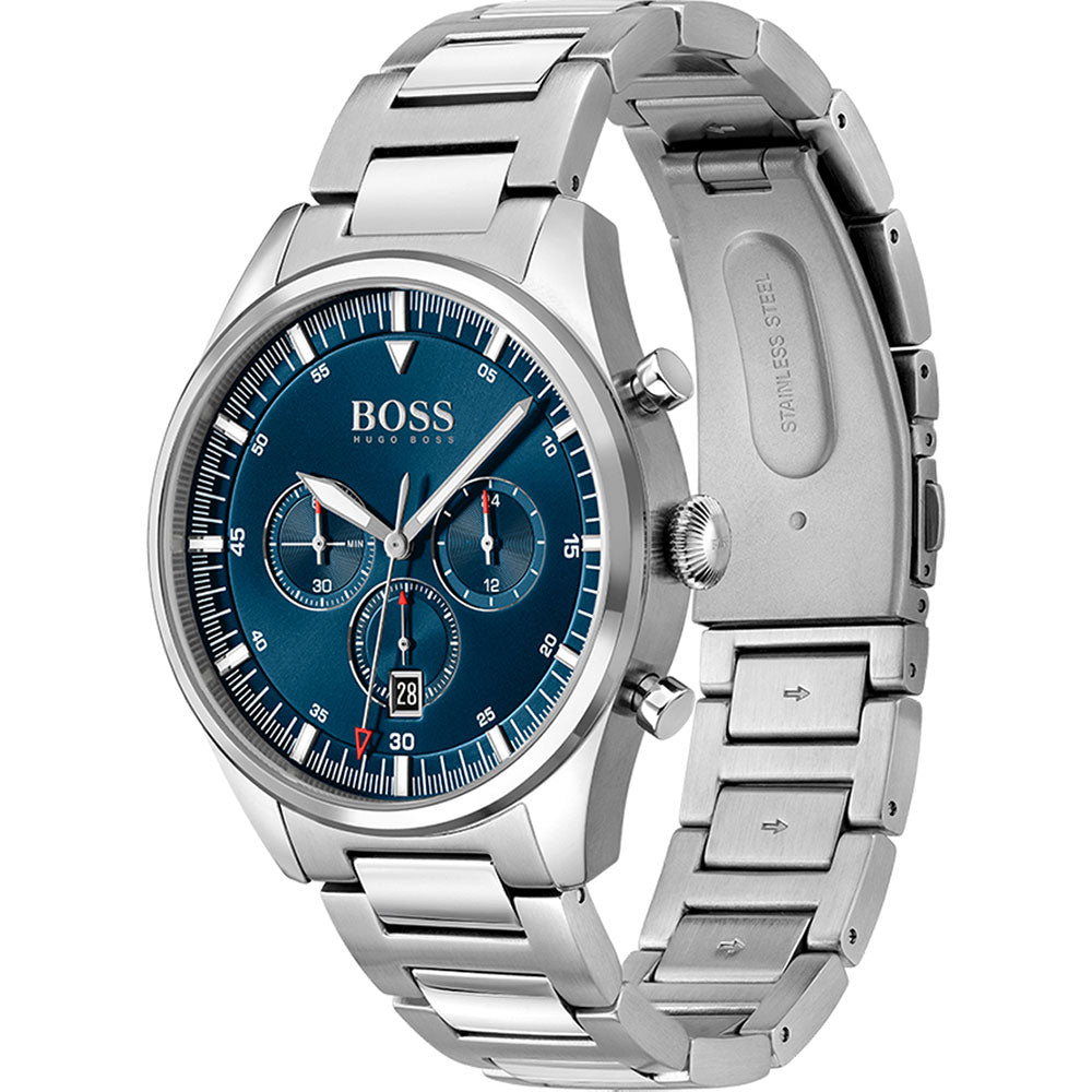 Hugo Boss Pioneer watch side view showing stainless steel link bracelet and blue dial