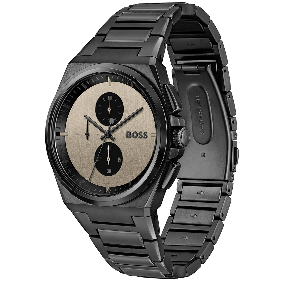Hugo Boss Steer watch side angle view showing brown dial face and black steel bracelet