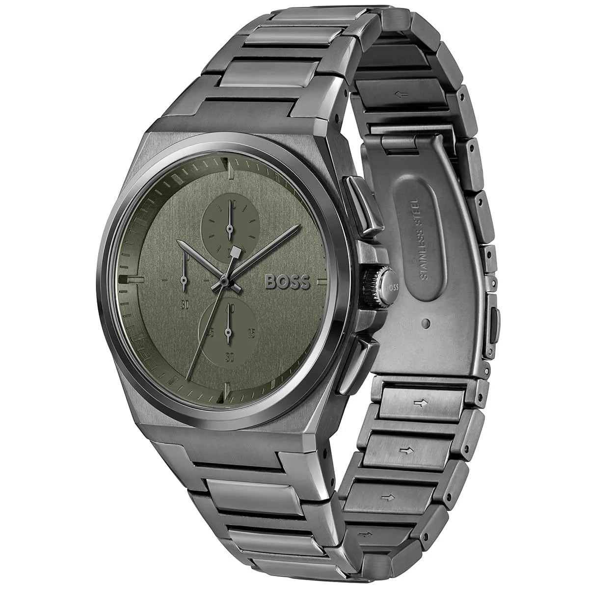Hugo Boss Steer chronograph watch with grey dial displayed at angle showing bracelet detail