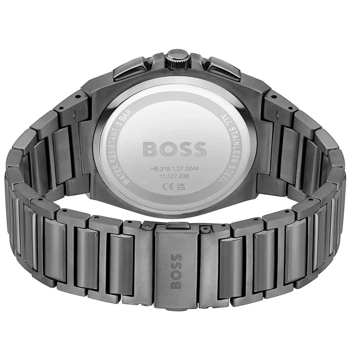 Hugo Boss Steer watch caseback showing stainless steel back plate with engraved details