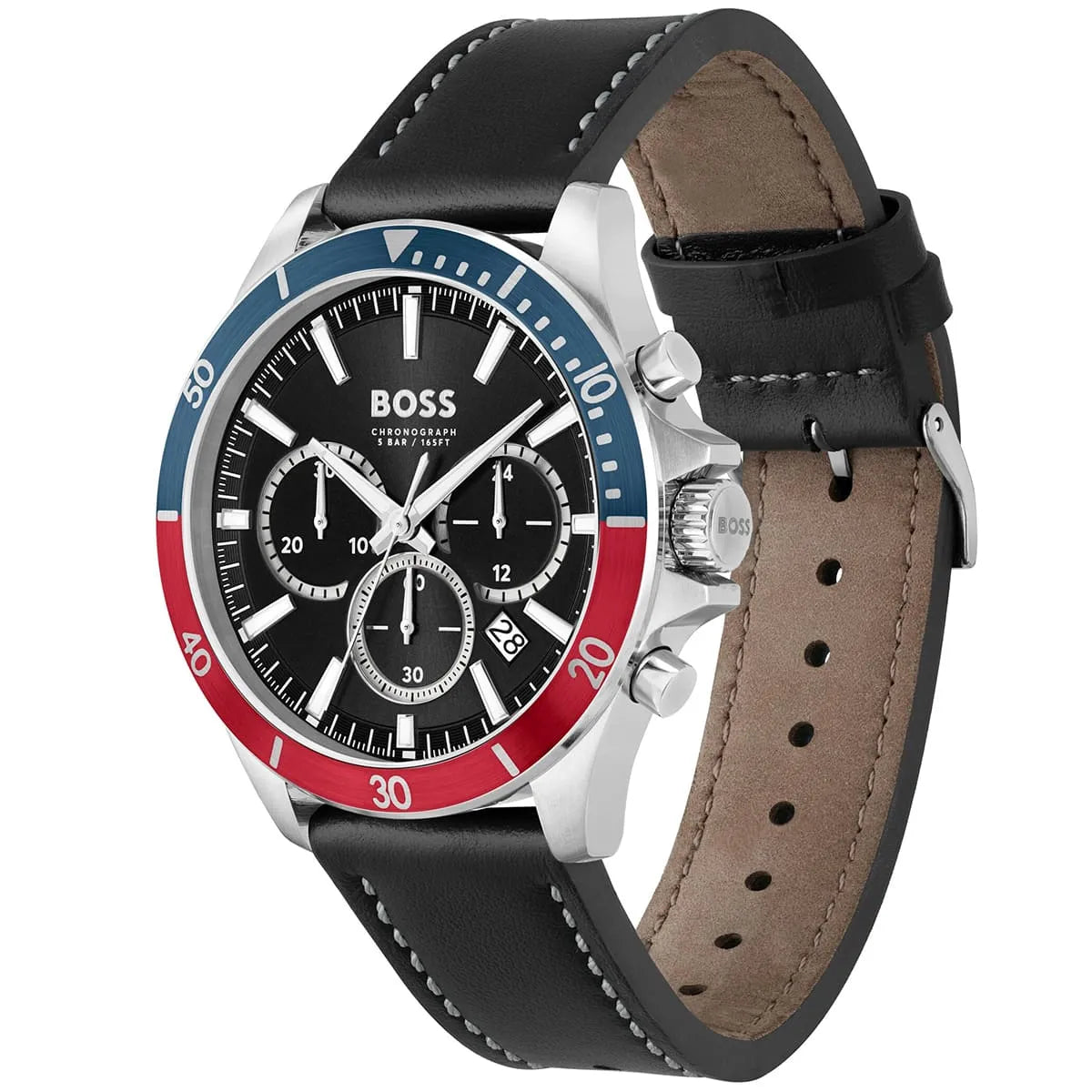 Hugo Boss Troper watch shown at angle with black leather strap and visible chronograph subdials