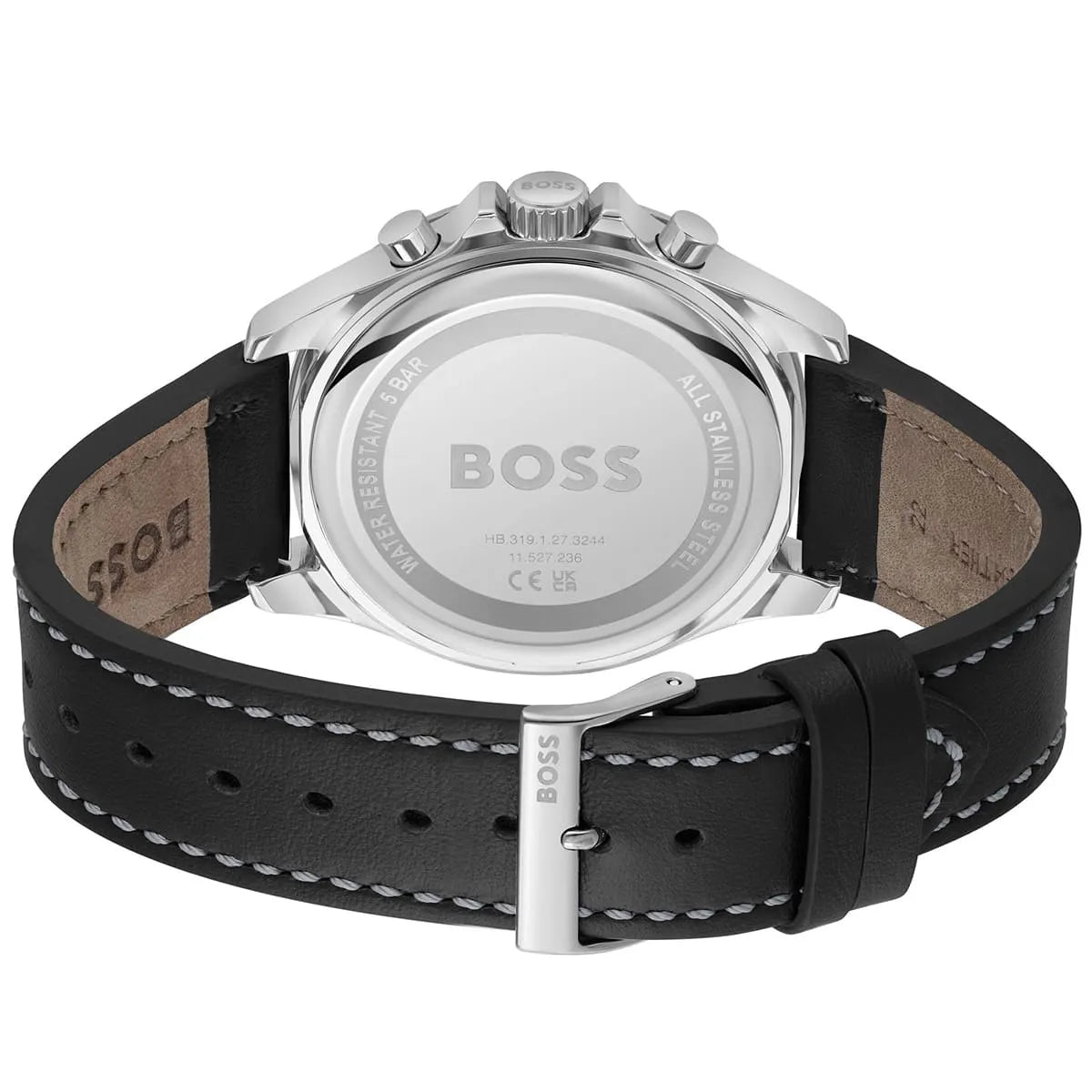 Hugo Boss Troper watch caseback showing stainless steel back with BOSS branding and specifications