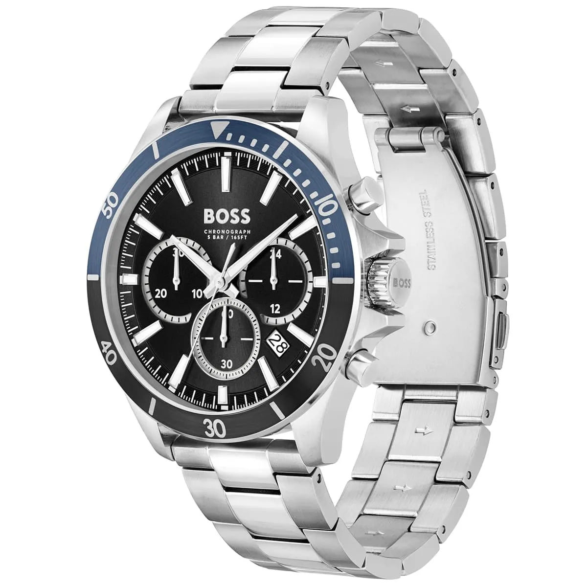 Hugo Boss Troper chronograph viewed at an angle showing the watch face and stainless steel bracelet