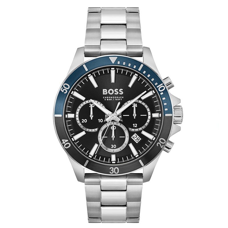 Hugo Boss Troper chronograph watch with black dial, blue bezel, and silver stainless steel bracelet