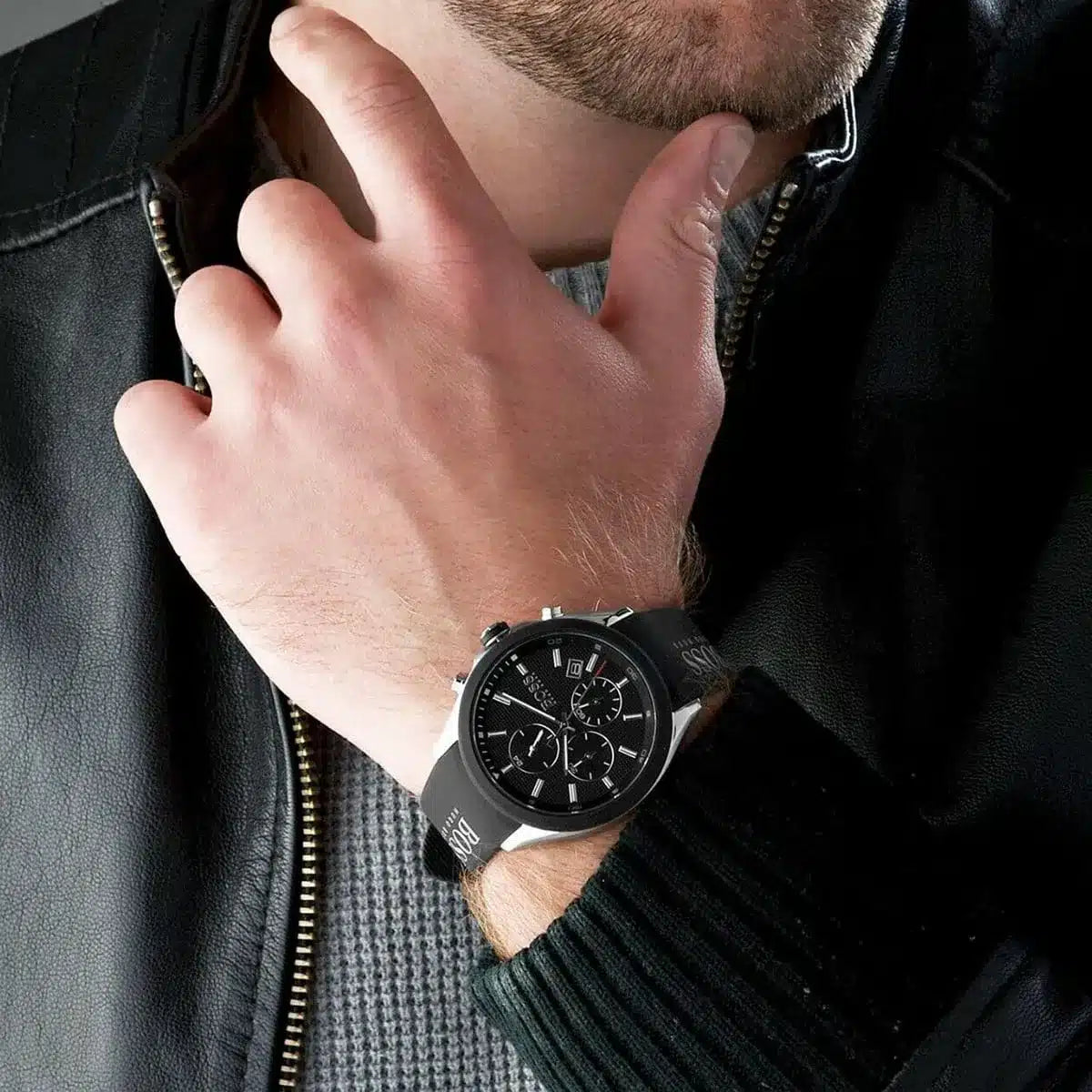 Hugo Boss Velocity Chronograph Black Dial Black Leather Strap Watch for Men - 1513716