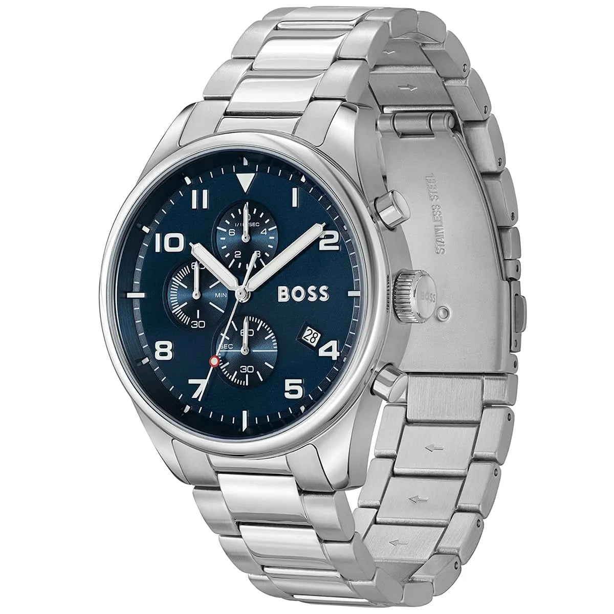 Hugo Boss View chronograph watch shown at angle displaying case and steel bracelet