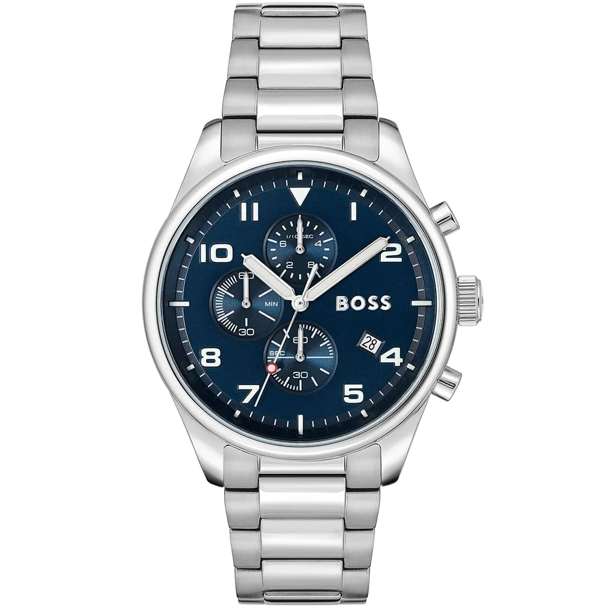 Hugo Boss View men's chronograph with blue dial, silver metal strap, and multi-function subdials