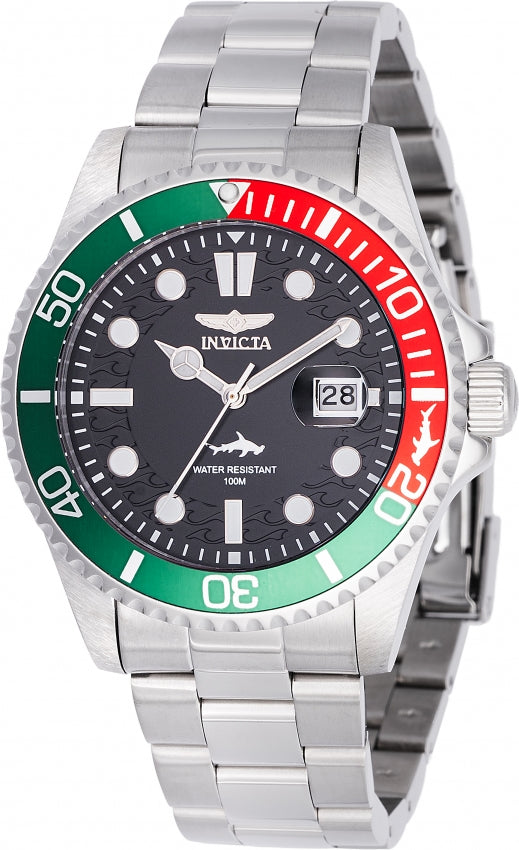 Invicta Pro Diver 43mm black dial watch with green and red rotating bezel and steel bracelet