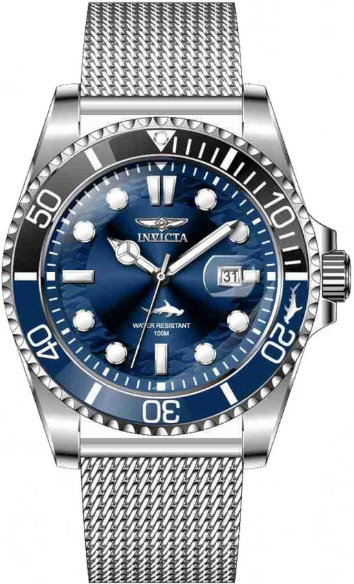 Front view of Invicta Pro Diver quartz watch with blue dial and Batman bezel