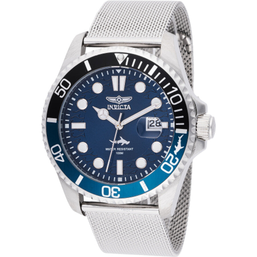 Invicta Pro Diver watch with blue dial, black and blue Batman bezel, mesh strap