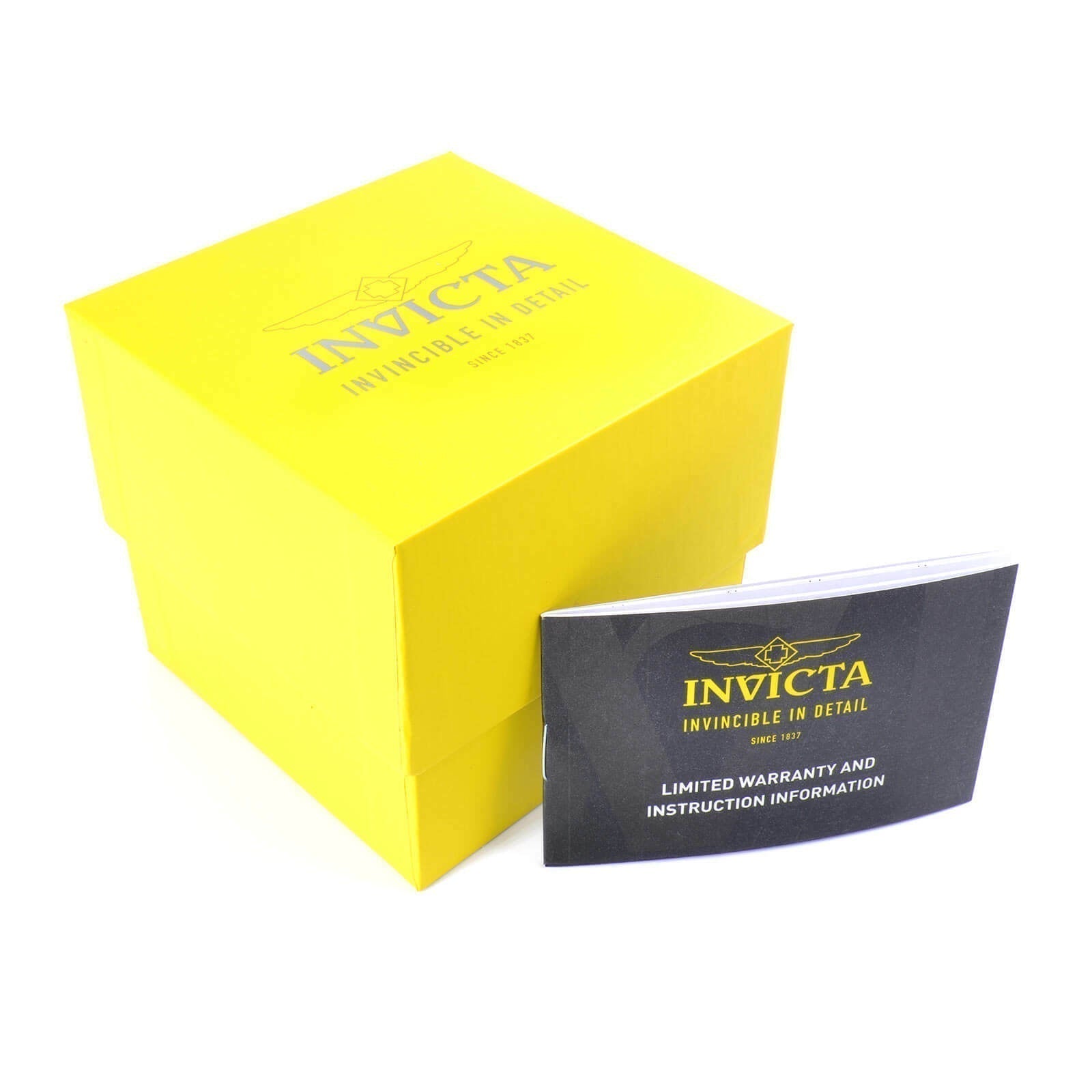 Invicta Pro Diver watch box in yellow with black warranty card and instruction information
