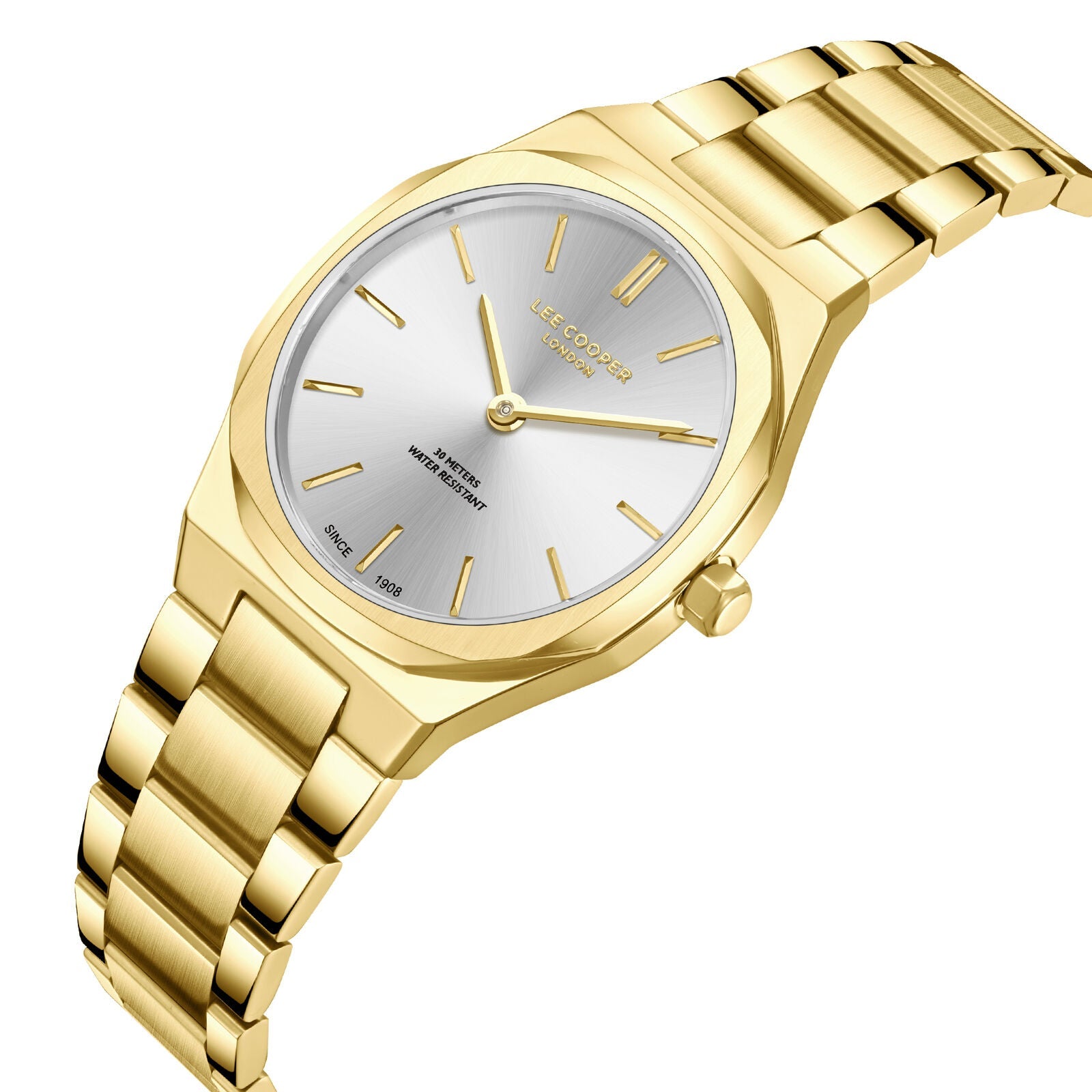 Lee Cooper Arlène gold watch angled view showing silver dial and gold strap