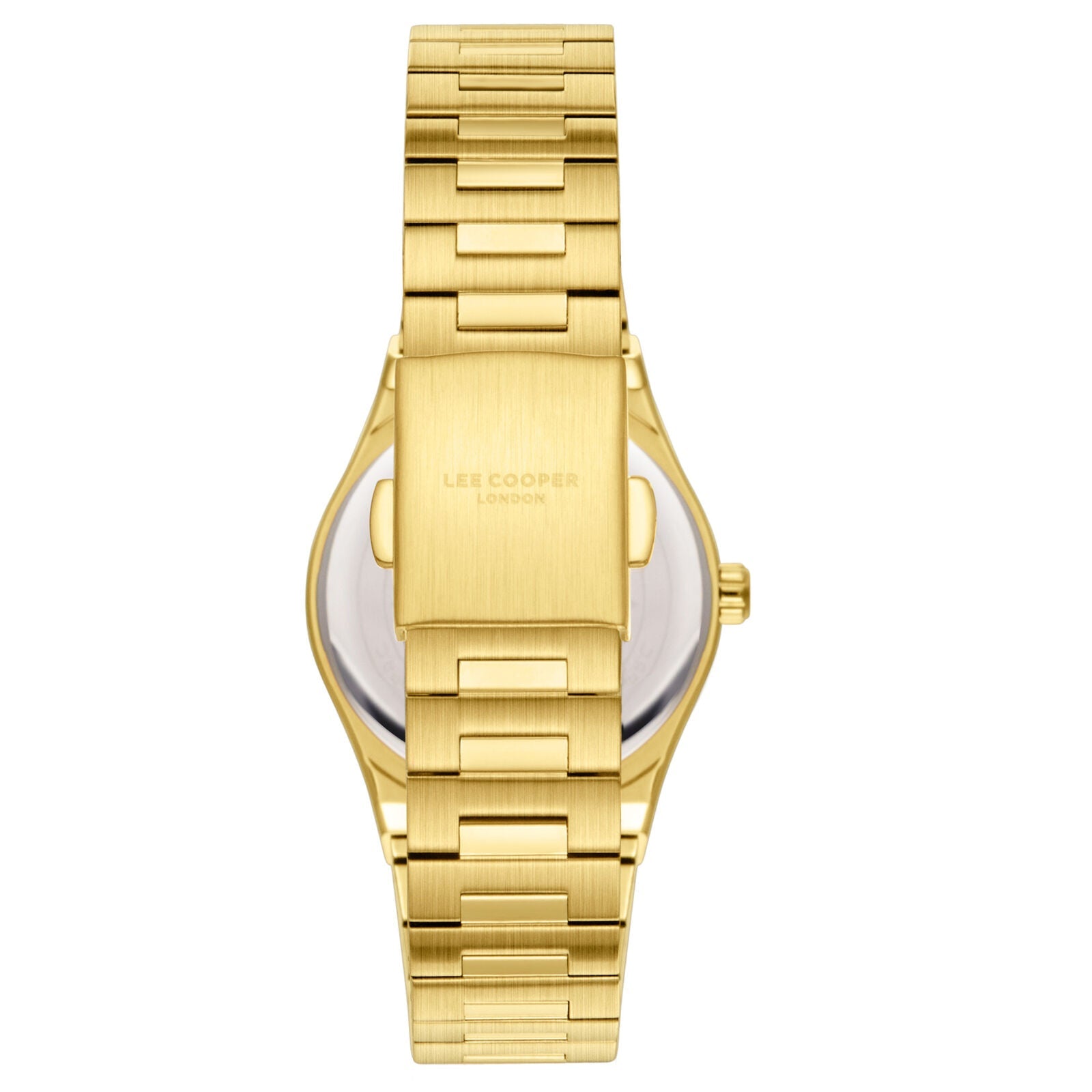 Lee Cooper Classic Date Window gold watch caseback showing bracelet attachment