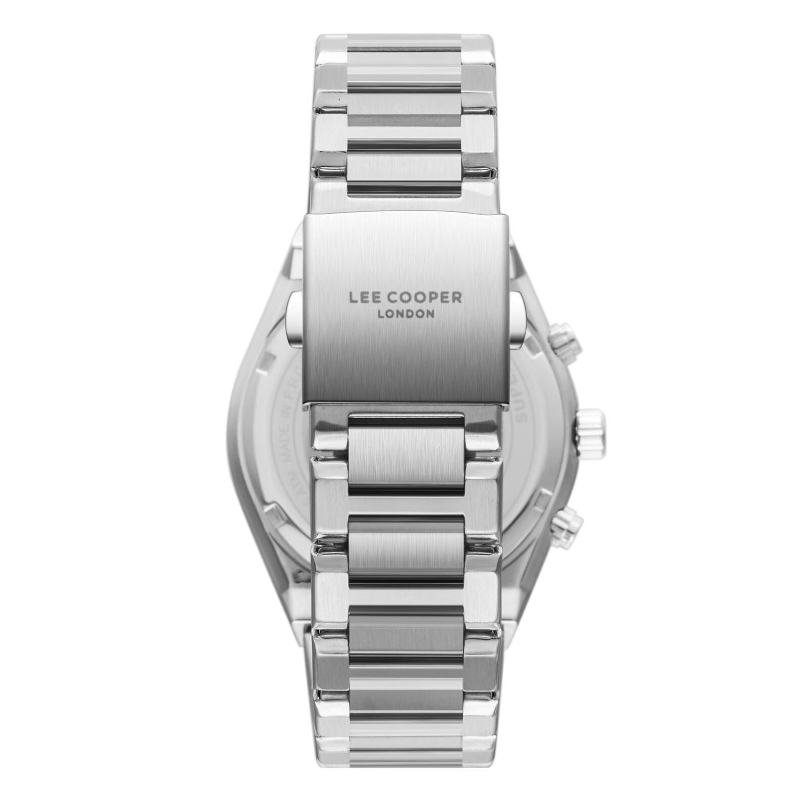 Back view of Lee Cooper Elias watch showing silver case back with Lee Cooper London branding