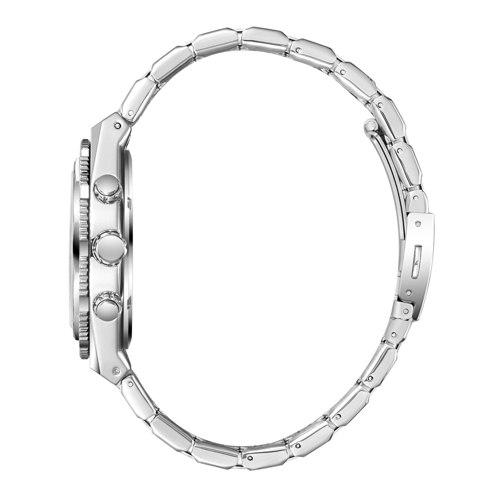 Side view of Lee Cooper Elias watch showing silver case profile and metal bracelet links