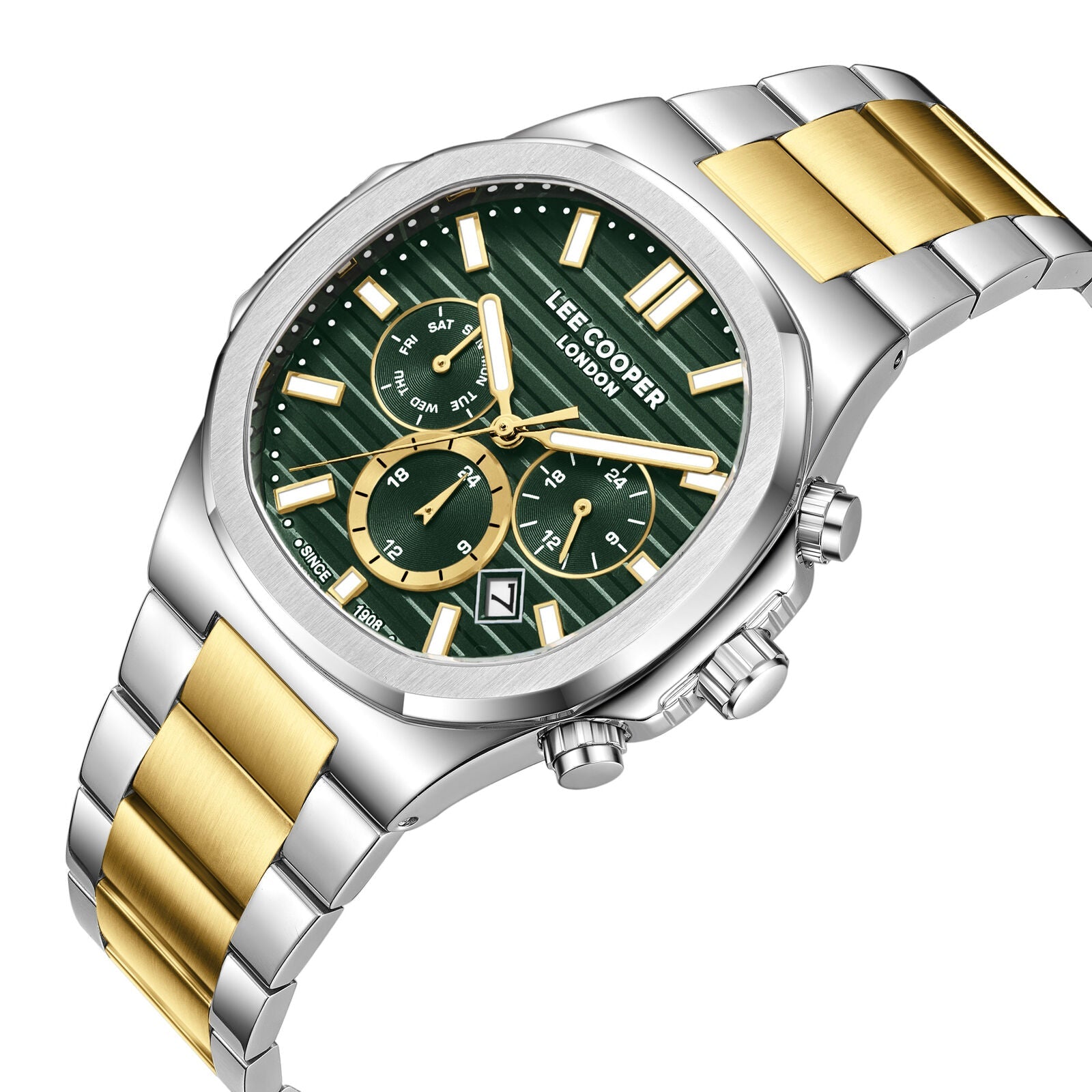 Lee Cooper Gauthier watch angled view showing green striped dial with gold hands and chronograph subdials