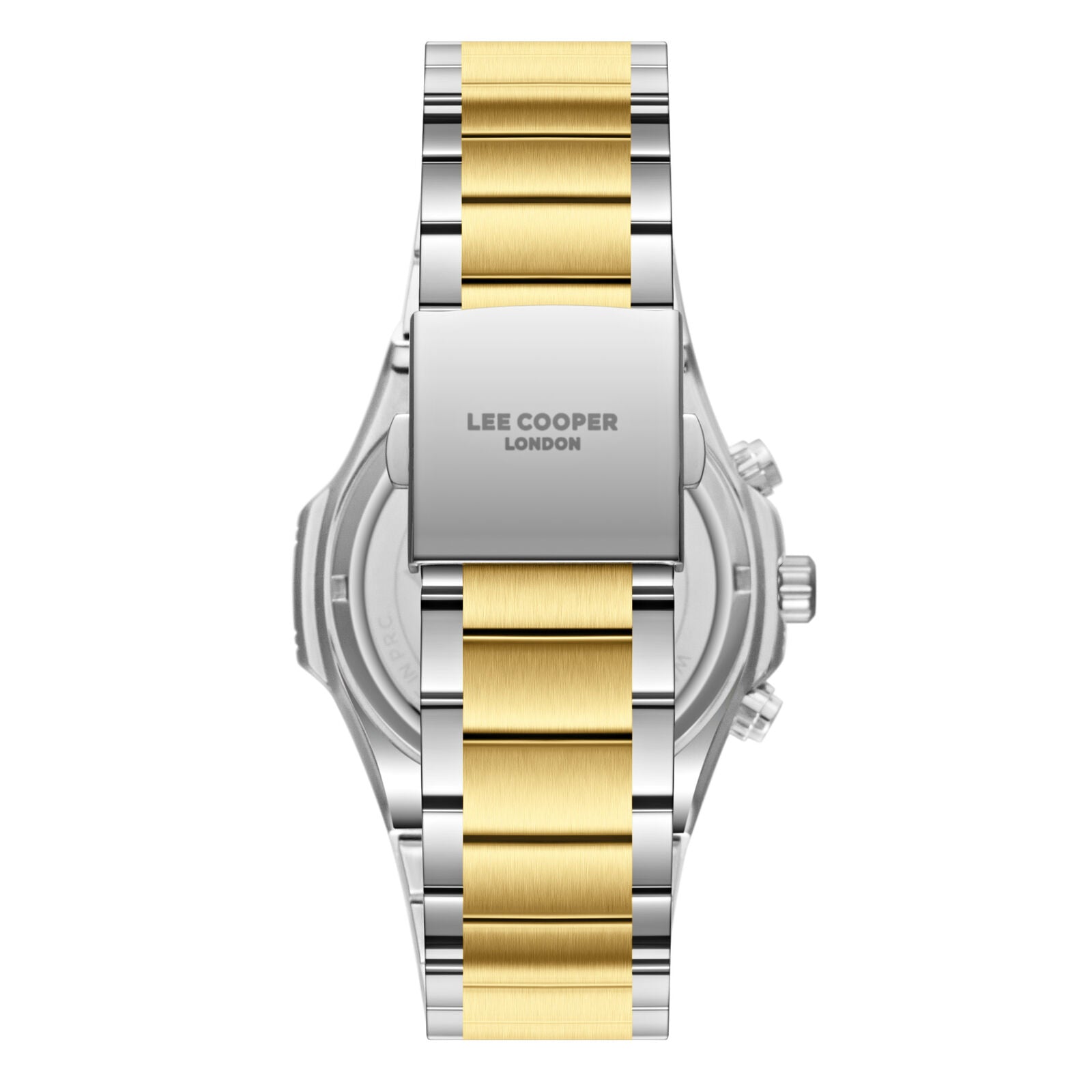 Lee Cooper Gauthier watch caseback view showing two-tone steel and gold bracelet strap