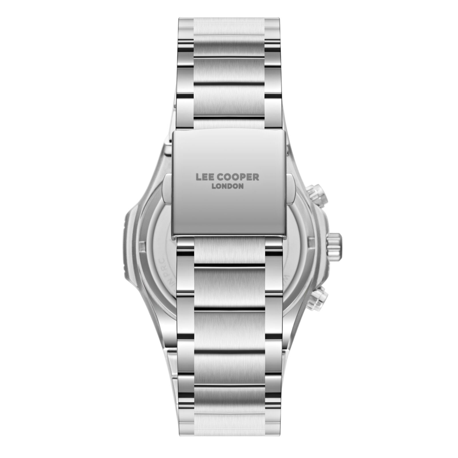 Lee Cooper Gauthier watch caseback view with Lee Cooper London branding on silver stainless steel