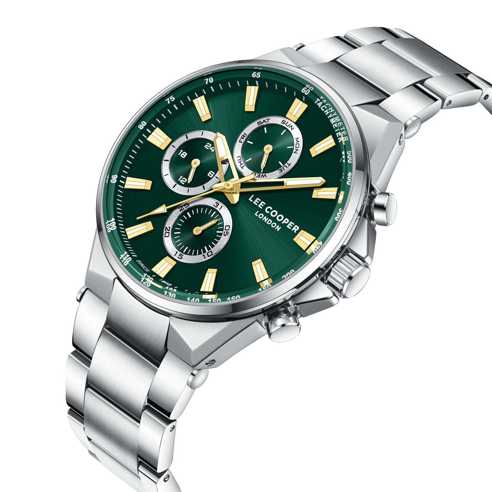 Lee Cooper Jules watch at angle showing three subdials and tapered silver metal bracelet