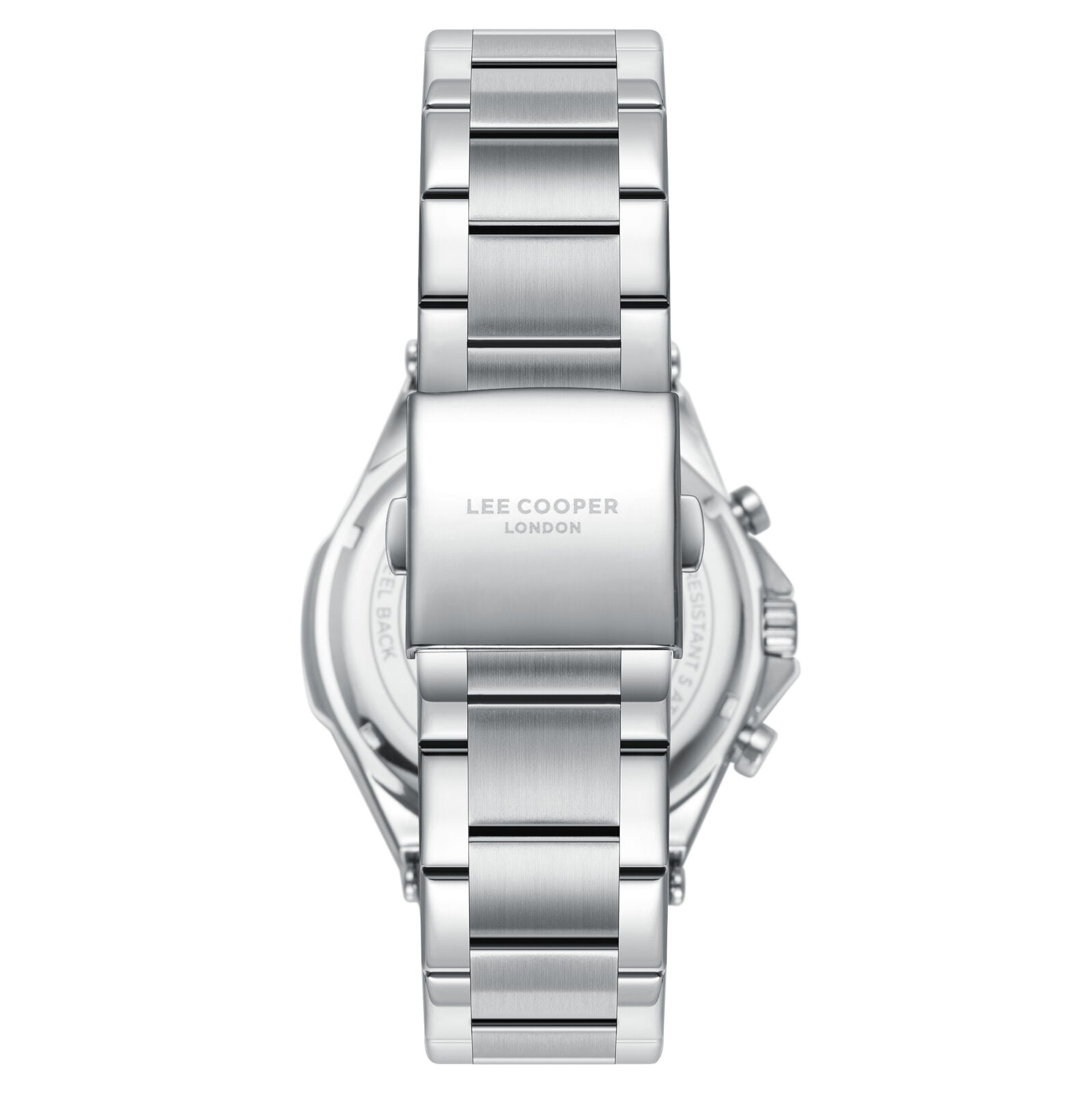 Lee Cooper Jules watch caseback showing silver stainless steel case and bracelet