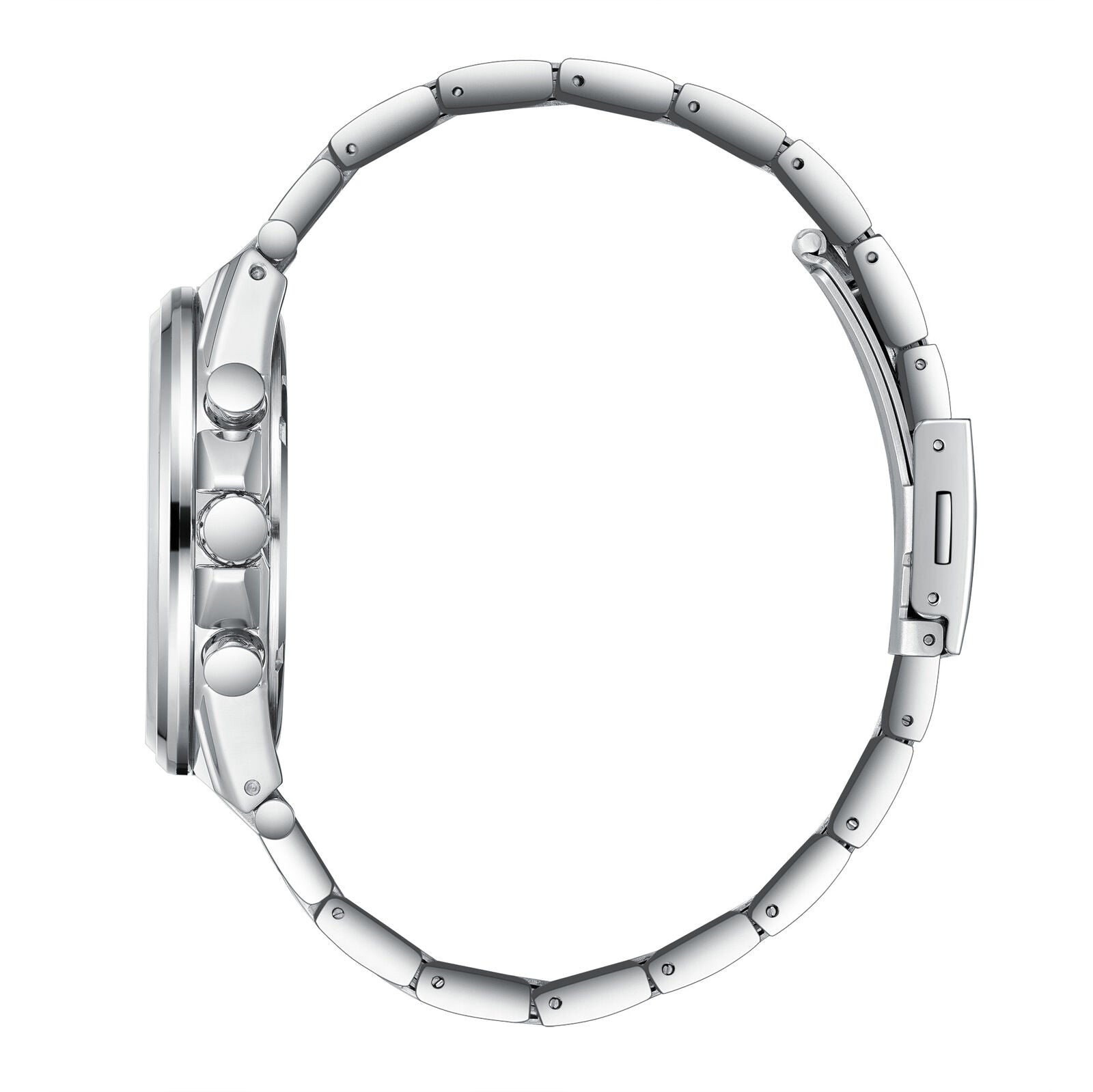 Side view of Lee Cooper Jules watch showing silver bracelet links and pushers