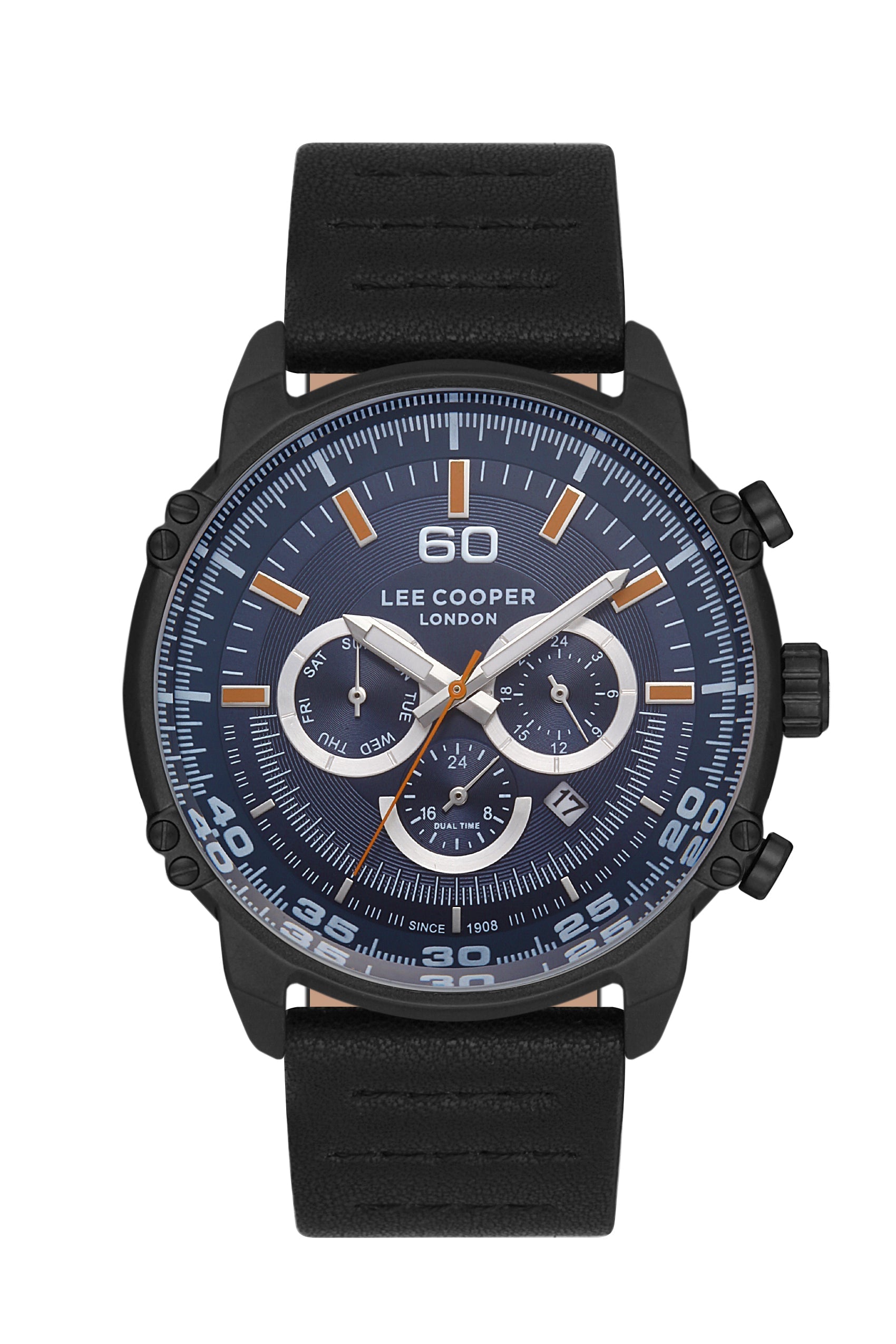 Lee Cooper LC06506 men's watch with navy blue dial, chronograph subdials, and black leather strap
