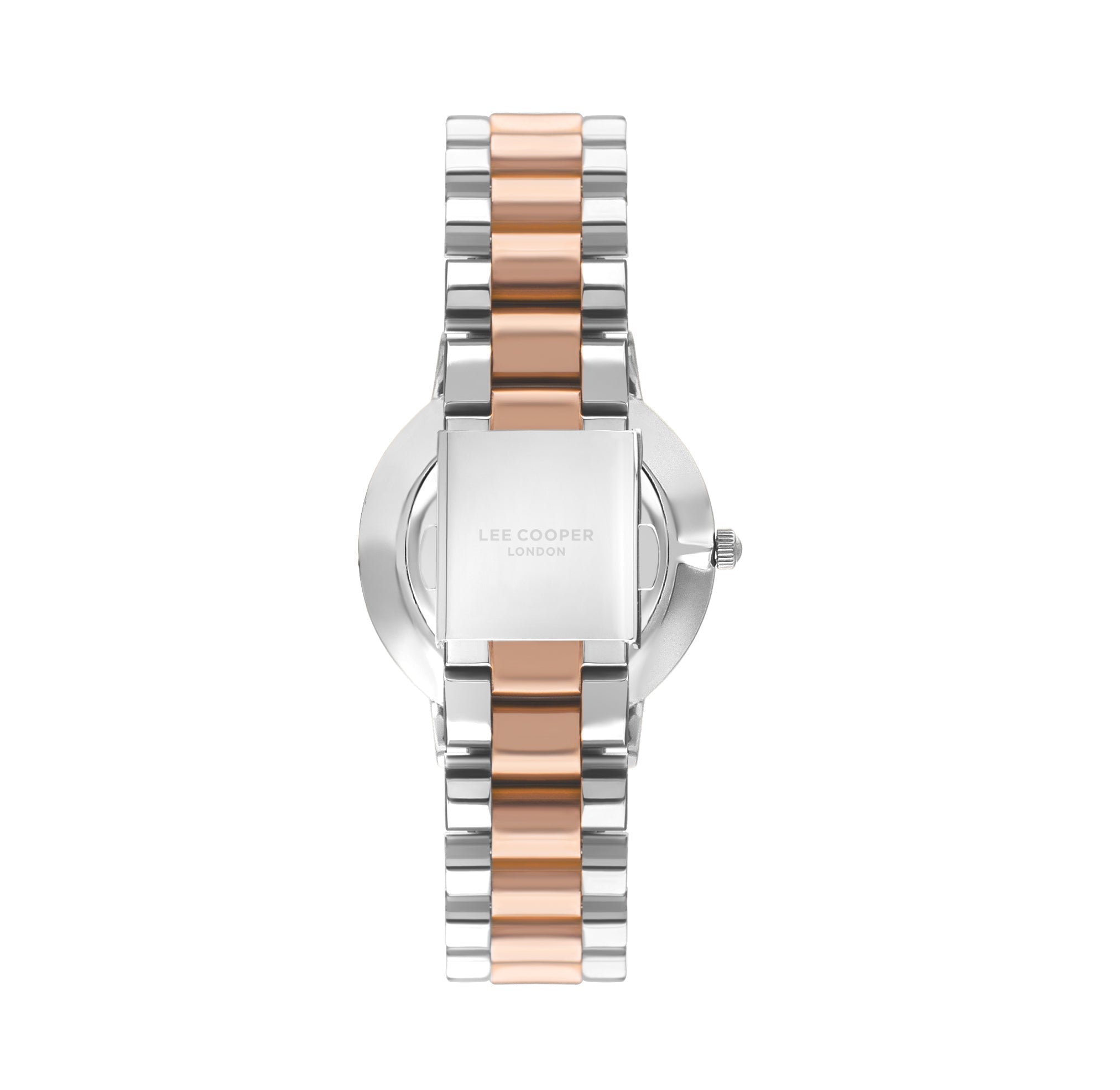 Caseback view of Lee Cooper Classic watch displaying two-tone bracelet and case design