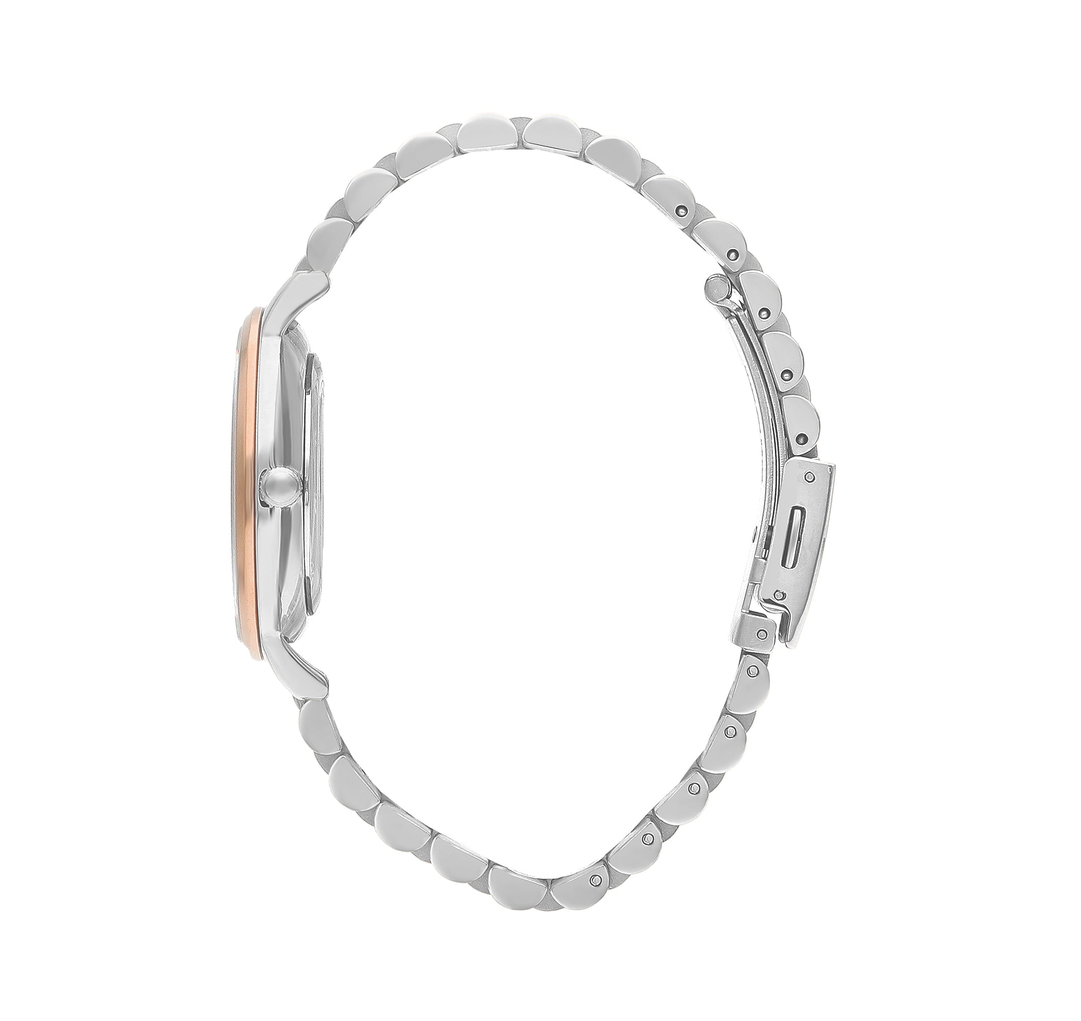 Side view of Lee Cooper Classic watch showing rose gold and silver two-tone bracelet and case profile