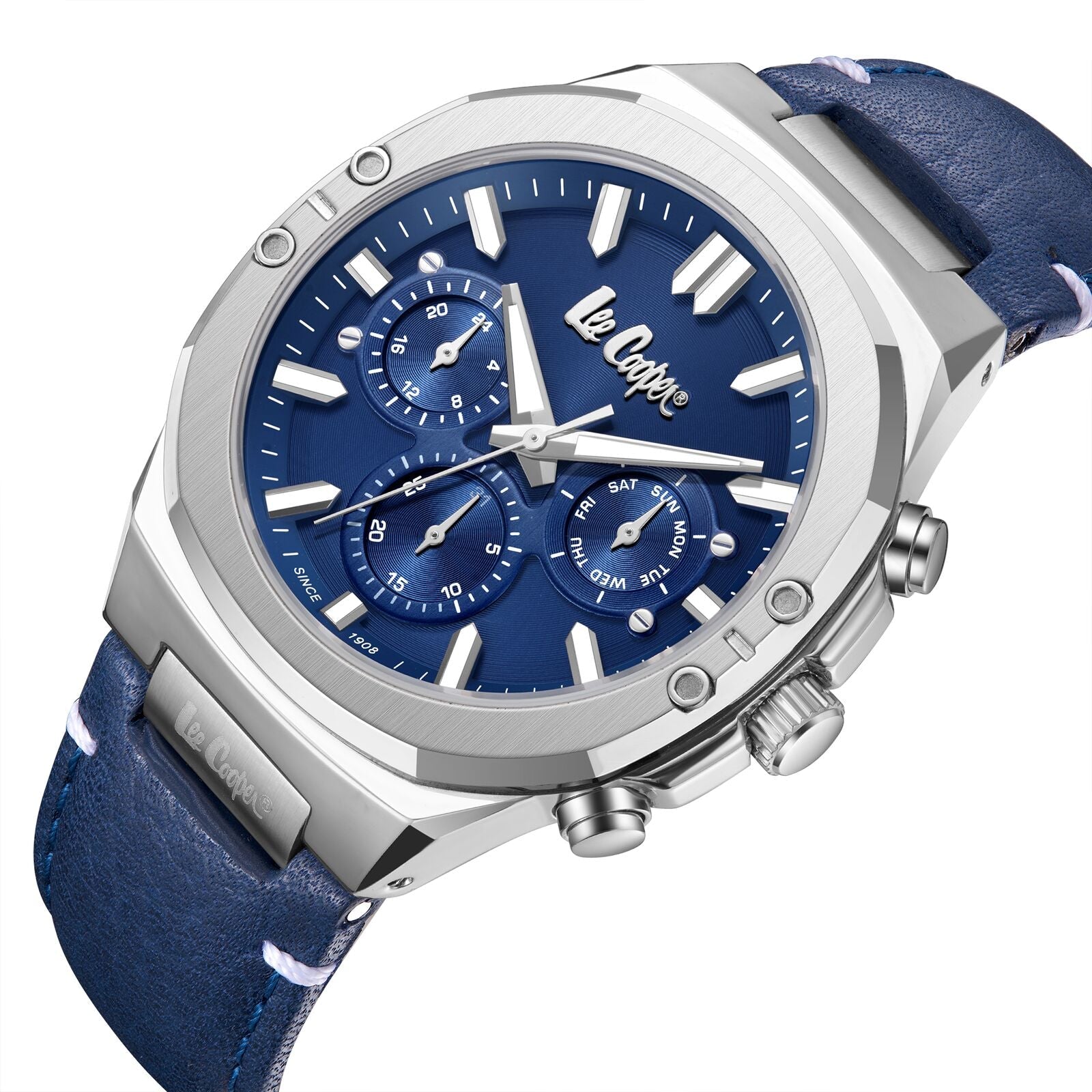Lee Cooper LC07992.399 watch worn on wrist, showing silver case with blue dial and multifunction subdials