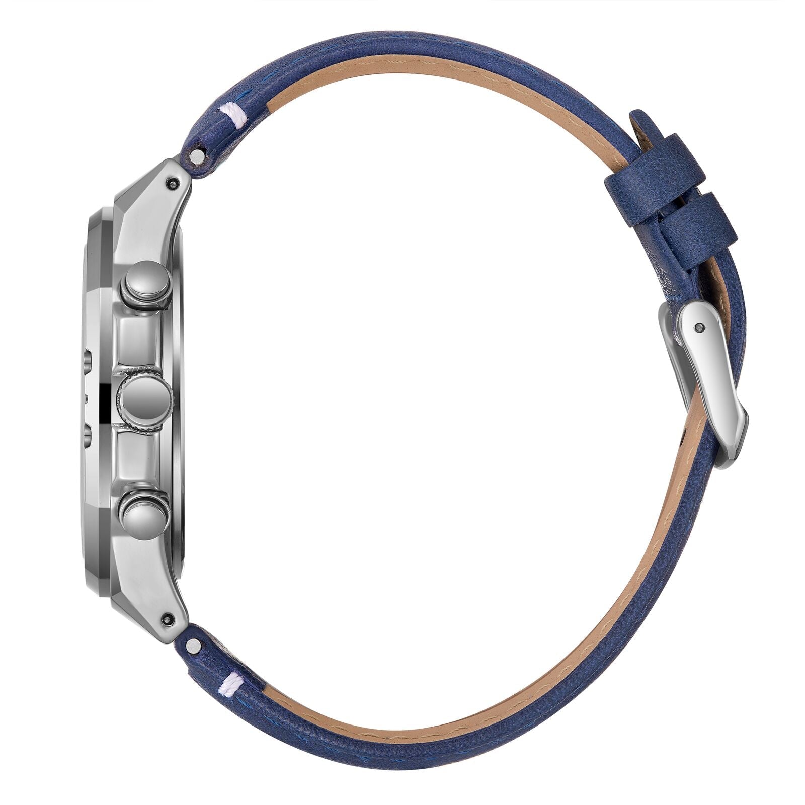 Lee Cooper LC07992.399 watch side profile with blue leather strap and chronograph pushers