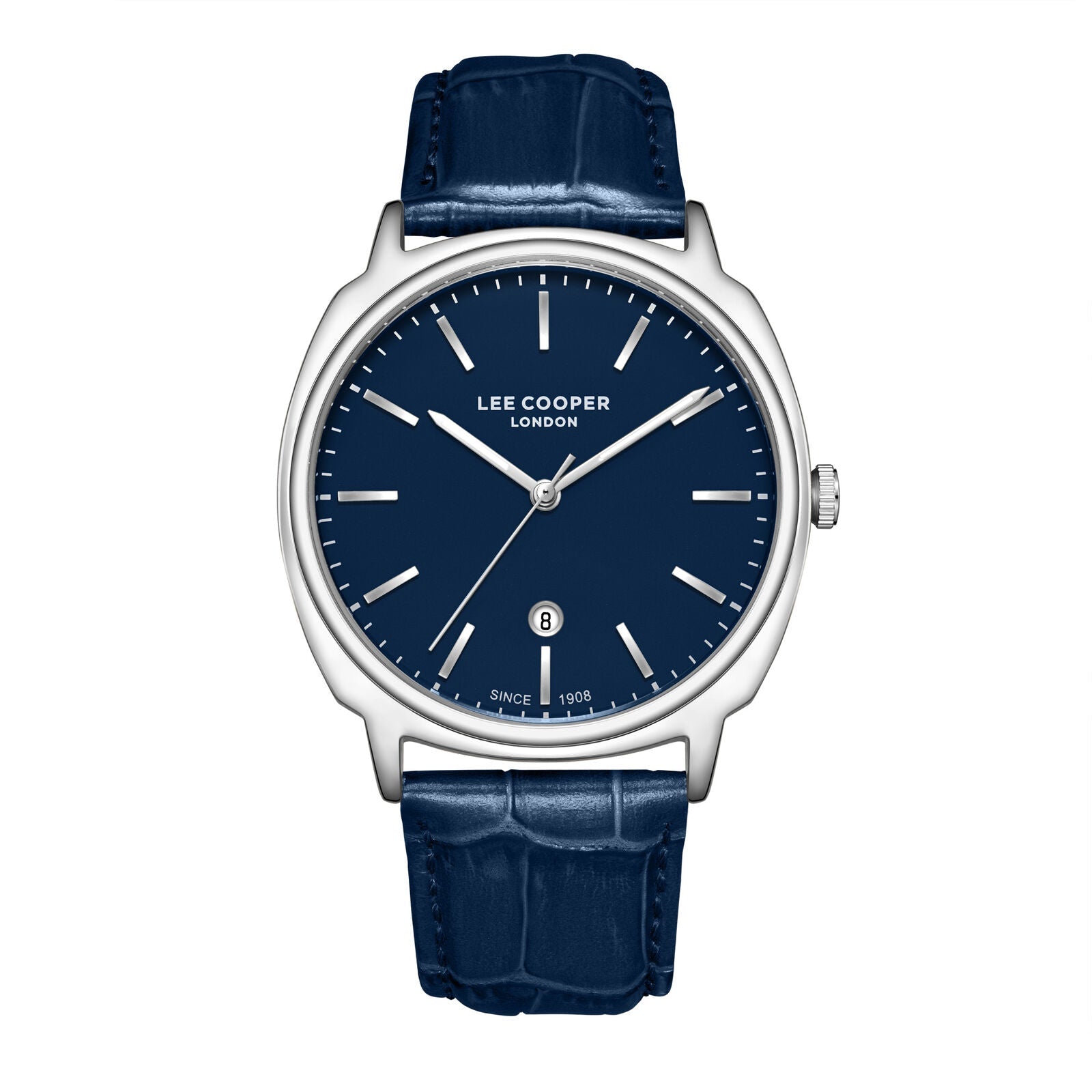 Lee Cooper navy blue dial watch with silver case and navy leather strap