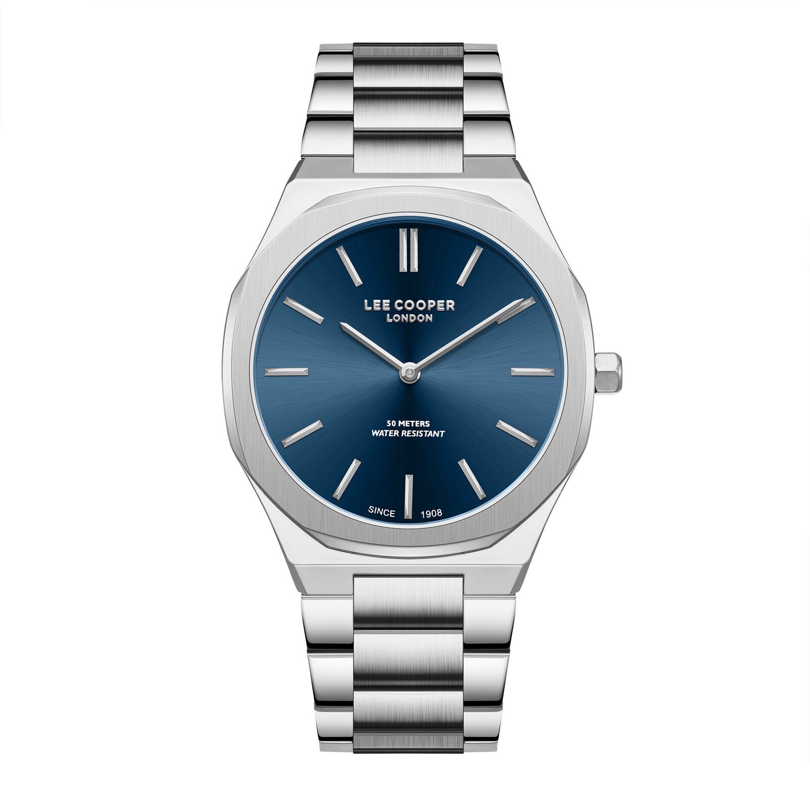 Lee Cooper Classic blue dial silver watch with steel bracelet, front view
