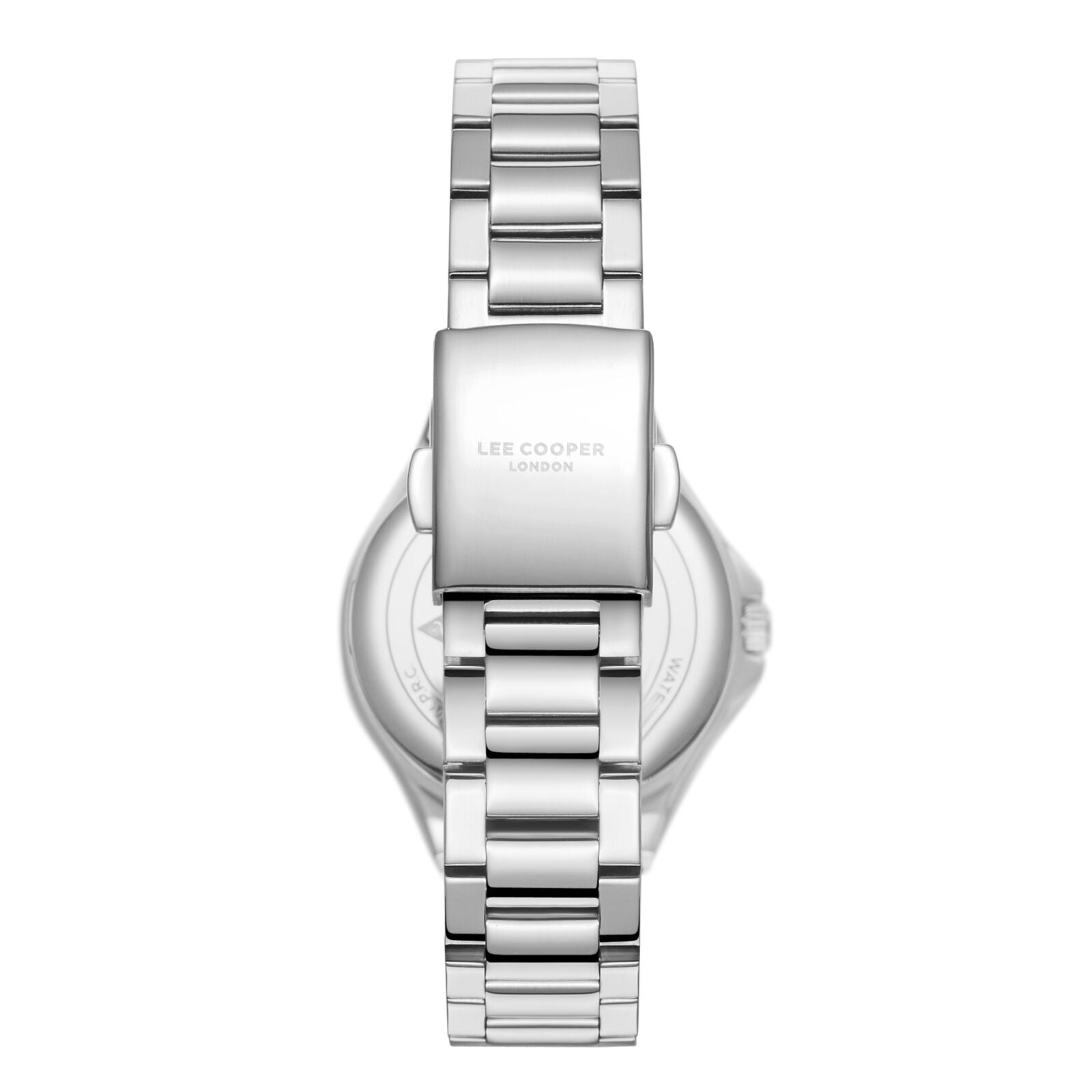 Caseback of Lee Cooper Casual Classic watch showing silver case with engraved text