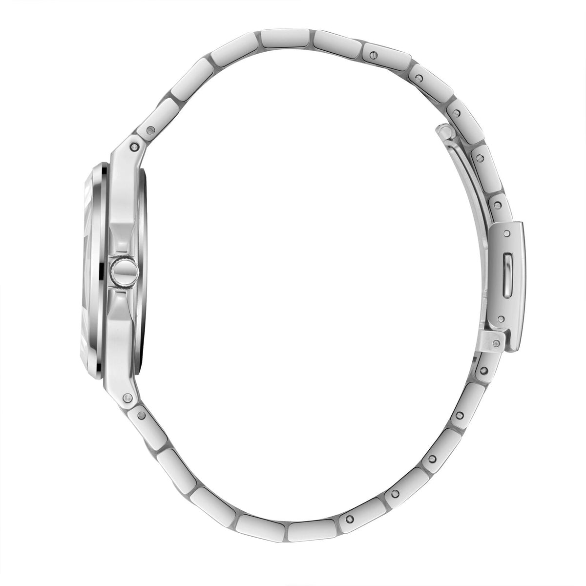 Side profile of Lee Cooper Casual Classic watch showing silver bracelet and case thickness