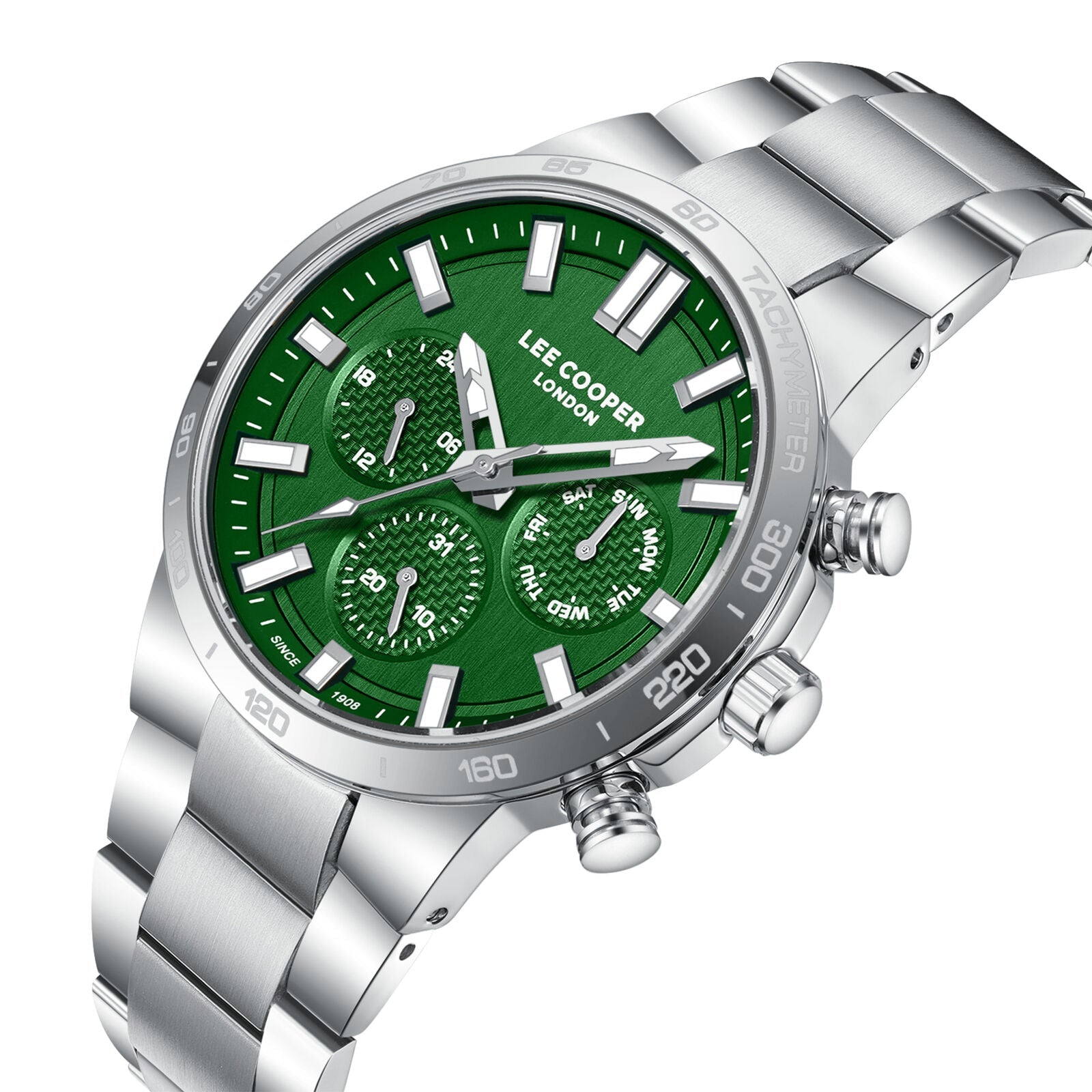 Lee Cooper chronograph green dial watch at three-quarter angle showing case and bracelet