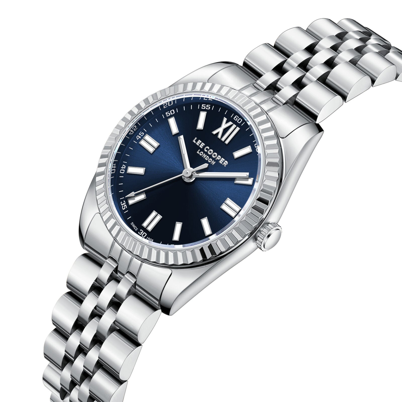 Lee Cooper LC08303.390 watch displayed at angle showing blue dial and silver bracelet