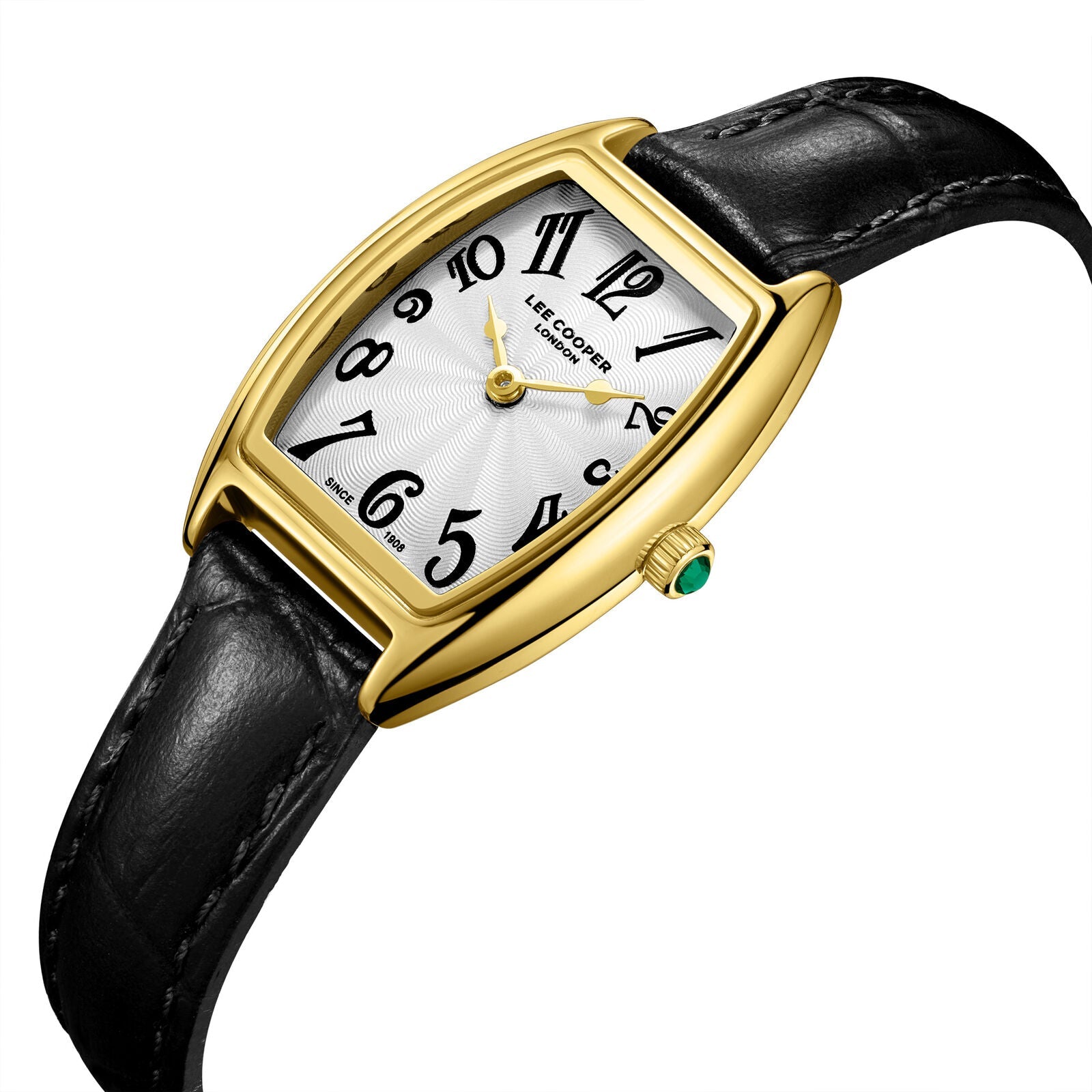 Lee Cooper watch angled view showing gold tonneau case and black leather strap