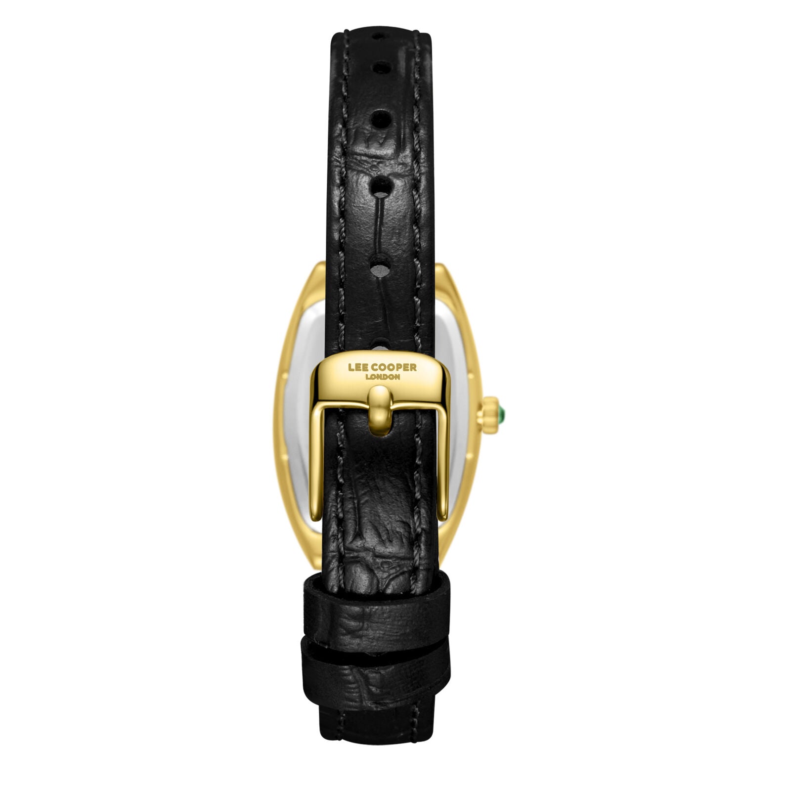 Lee Cooper watch caseback view with black leather strap and gold buckle closure