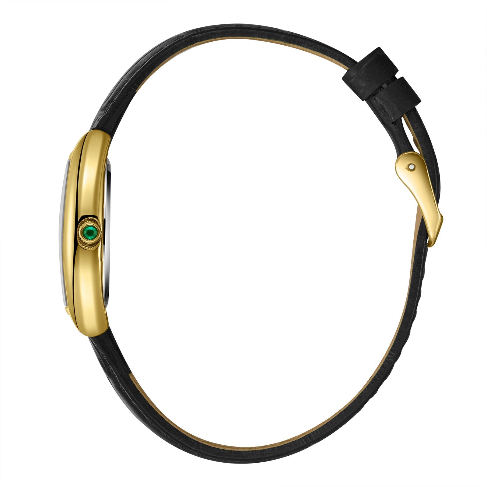 Lee Cooper watch side view displaying rectangular gold case and black leather strap