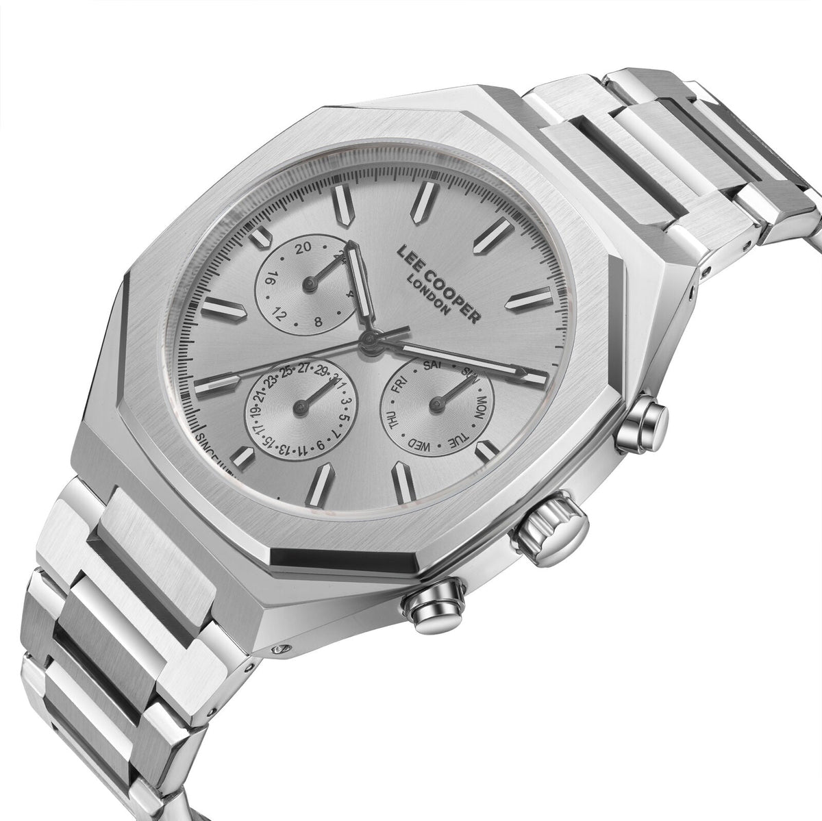 Lee Cooper Malo silver watch angled view showing octagonal case, subdials, and silver bracelet