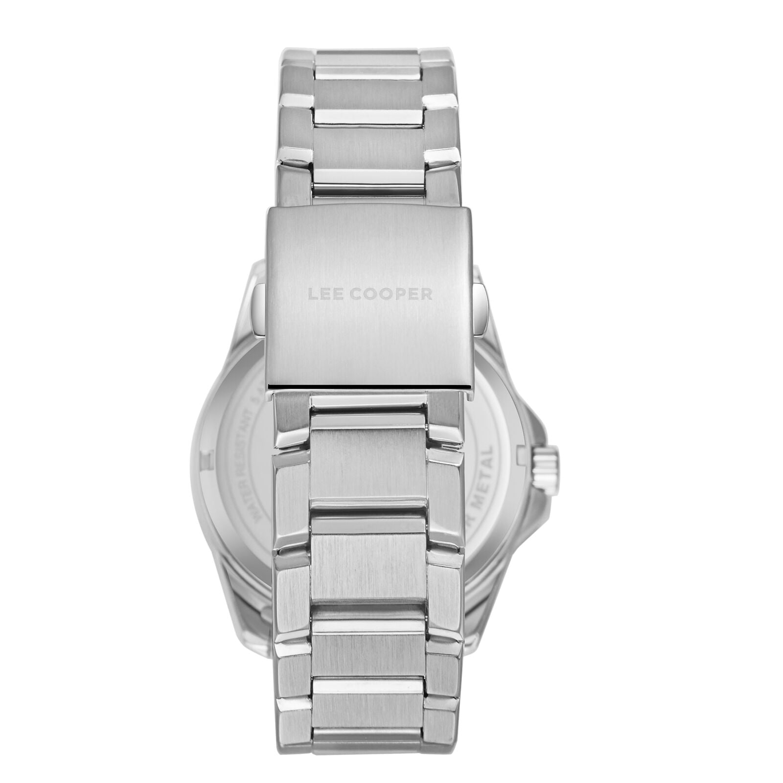 Caseback of Lee Cooper Malo watch displaying engraved Lee Cooper branding on silver case