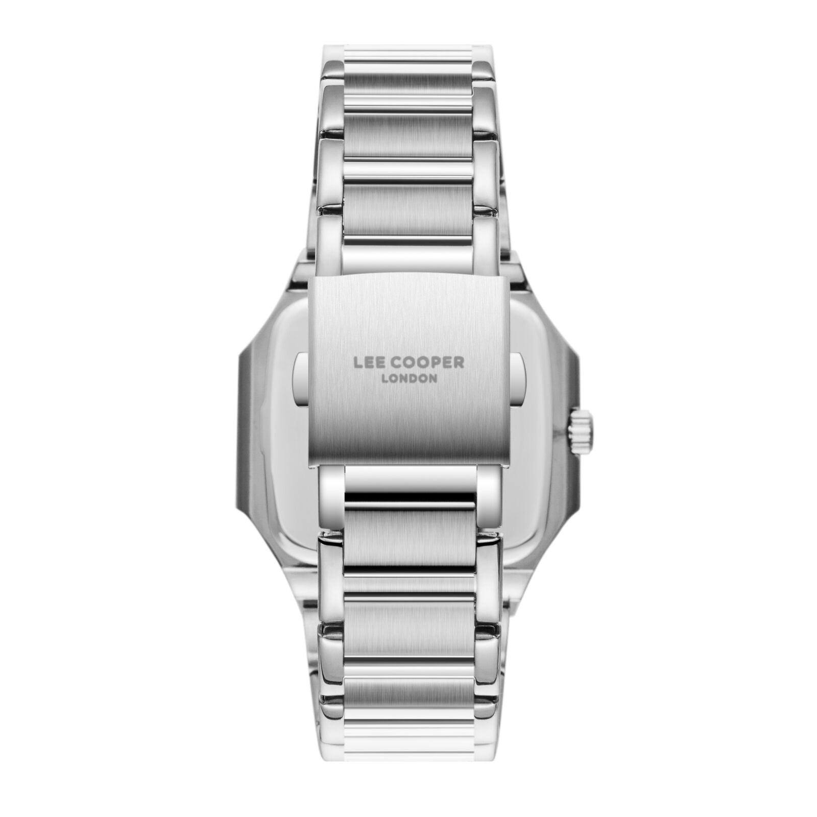 Back view of Lee Cooper Maxime watch caseback with silver metal bracelet