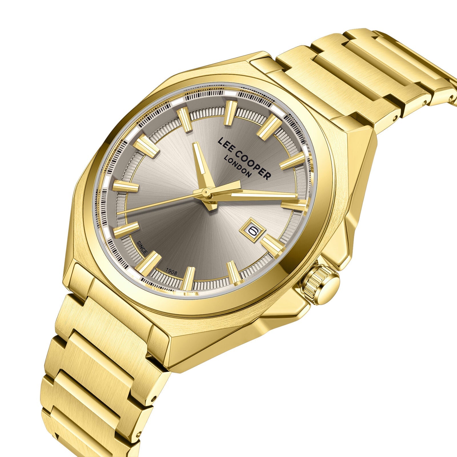 Lee Cooper Oswin gold watch angled view showing dial and bracelet