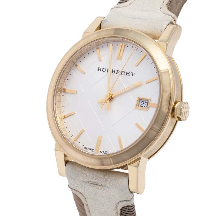 Burberry BU9015 Women's Swiss Heymarket Check Fabric and White Leather Band White Dial Women's Watch BU9015 - Watches of Australia #3