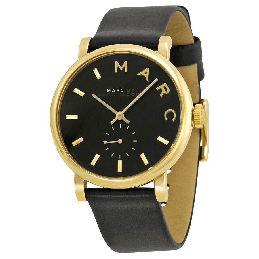 Marc by Marc Jacobs Baker MBM1269 three-quarter view showing gold case, black dial, and black leather strap