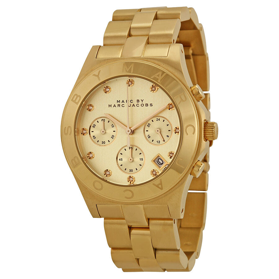 Marc by Marc Jacobs Blade MBM3101 chronograph watch at angle showing gold bracelet and dial