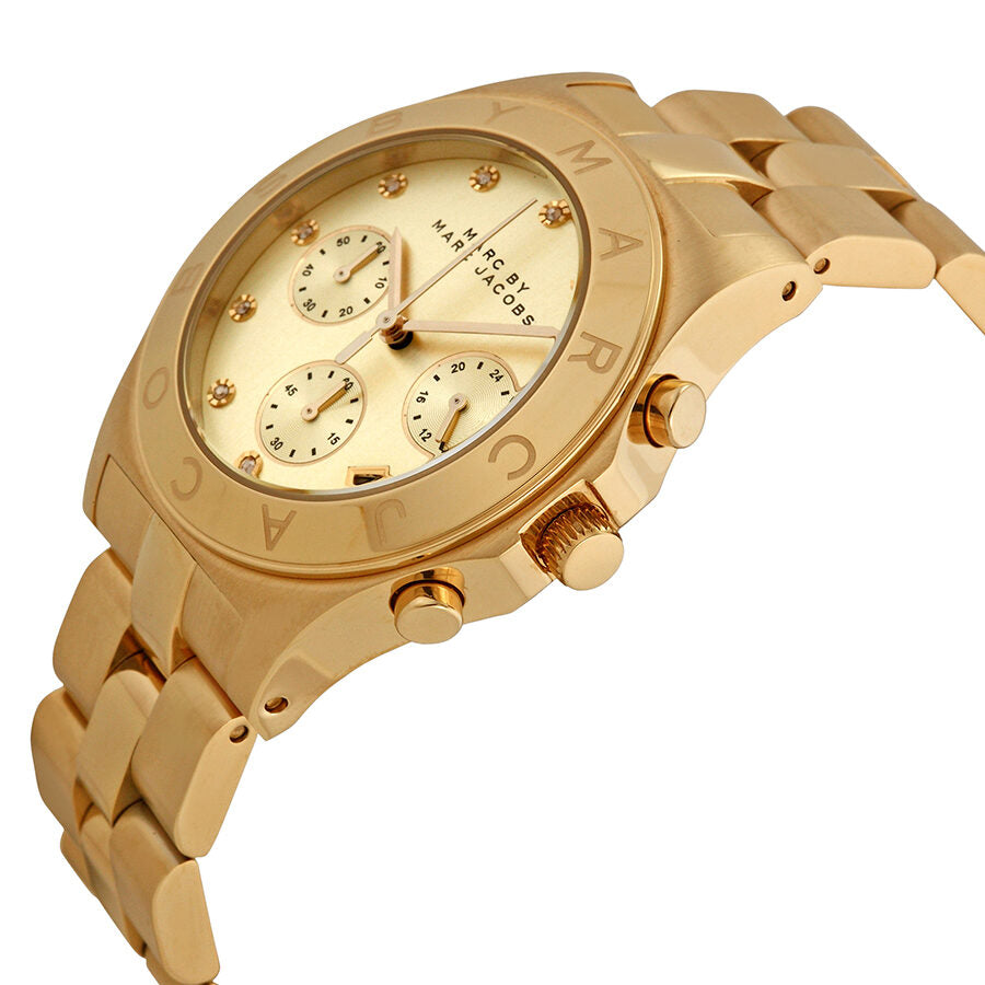 Side view of Marc by Marc Jacobs Blade MBM3101 with gold-tone bracelet and chronograph pushers