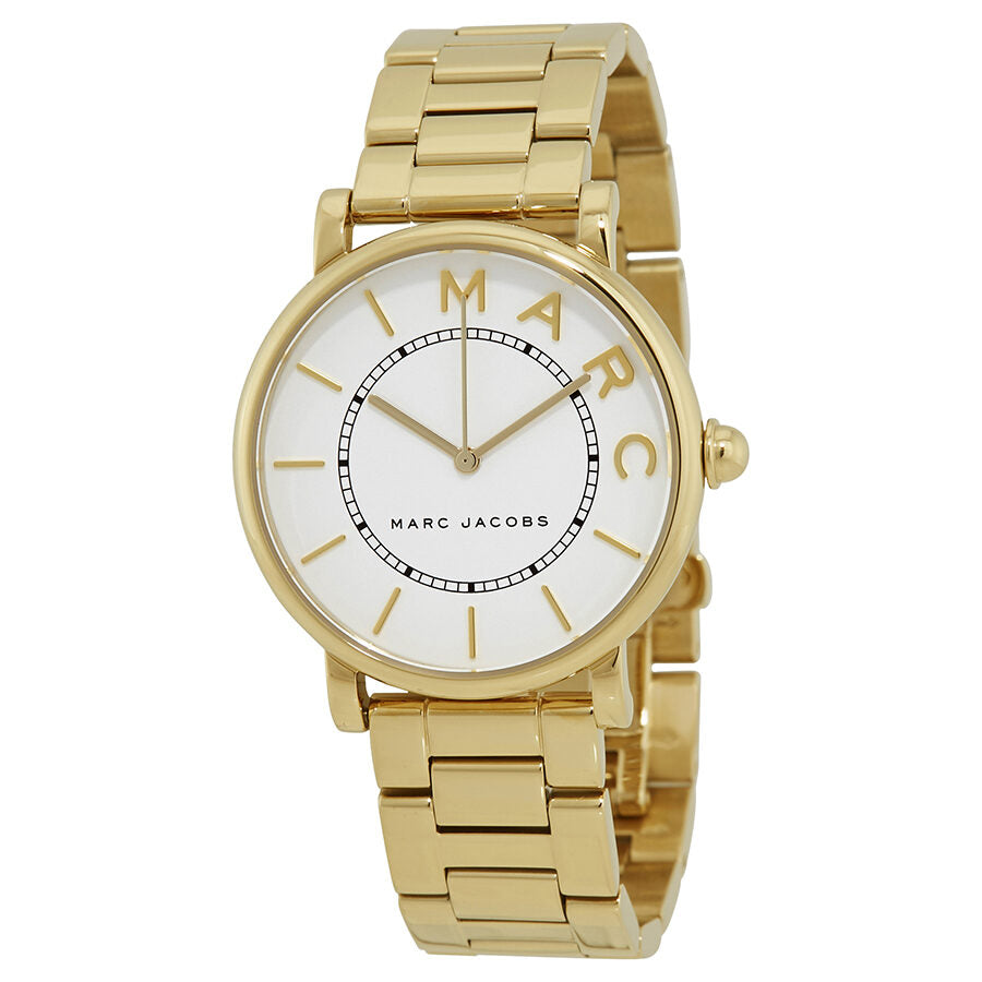 Marc Jacobs Roxy MJ3522 angled view showing white satin dial and gold bracelet