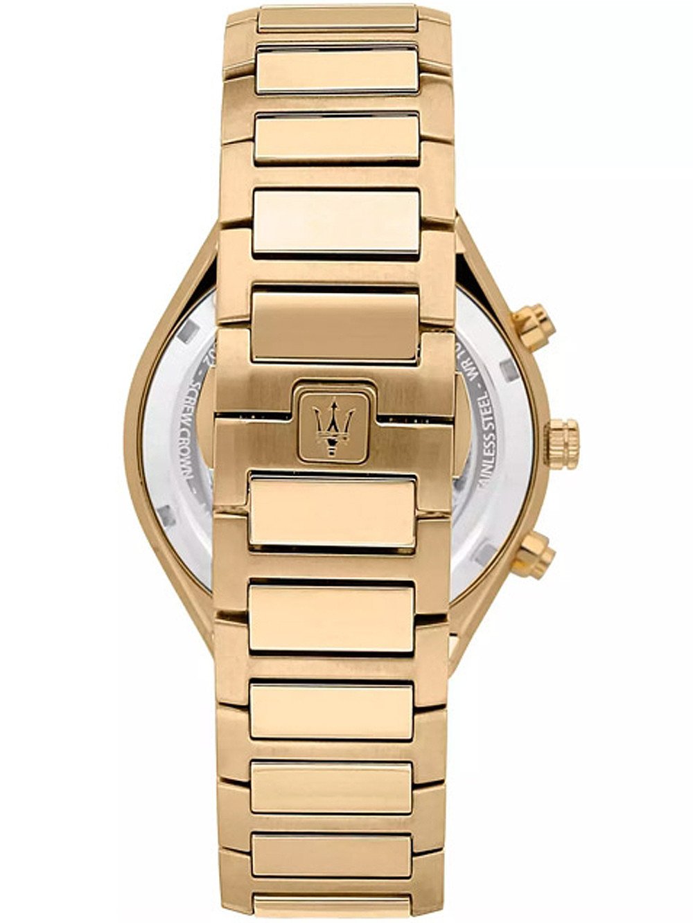 Gold-tone Maserati chronograph viewed from caseback showing bracelet and links