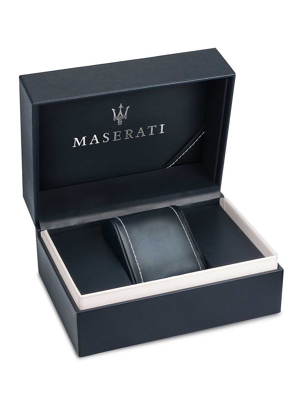 Maserati watch presentation box with black exterior and branded interior